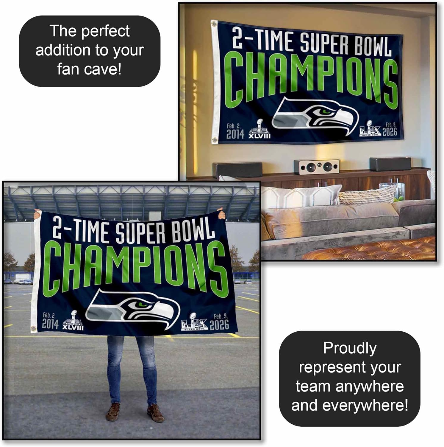 Seattle Seahawks 2 Time Super Bowl Champions Banner Flag