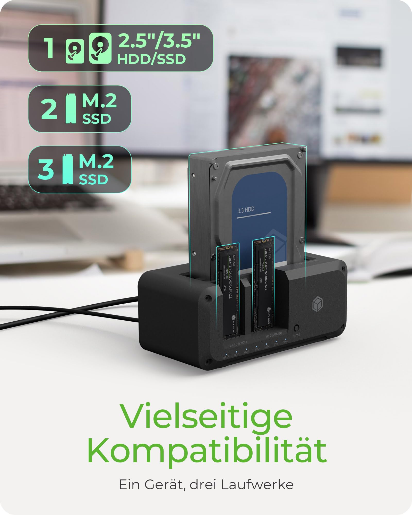 ICY BOX HDD/M.2 NVMe SSD Docking Station USB 3.2 Gen 2 (10 Gbit/s), Festplatten Klonstation & Lesegerät (2,5" & 3,5" SATA auf M.2 NVMe/M.2 NVMe auf M.2 NVMe), Zweiwege Klonen, IB-2924MSCL-C31