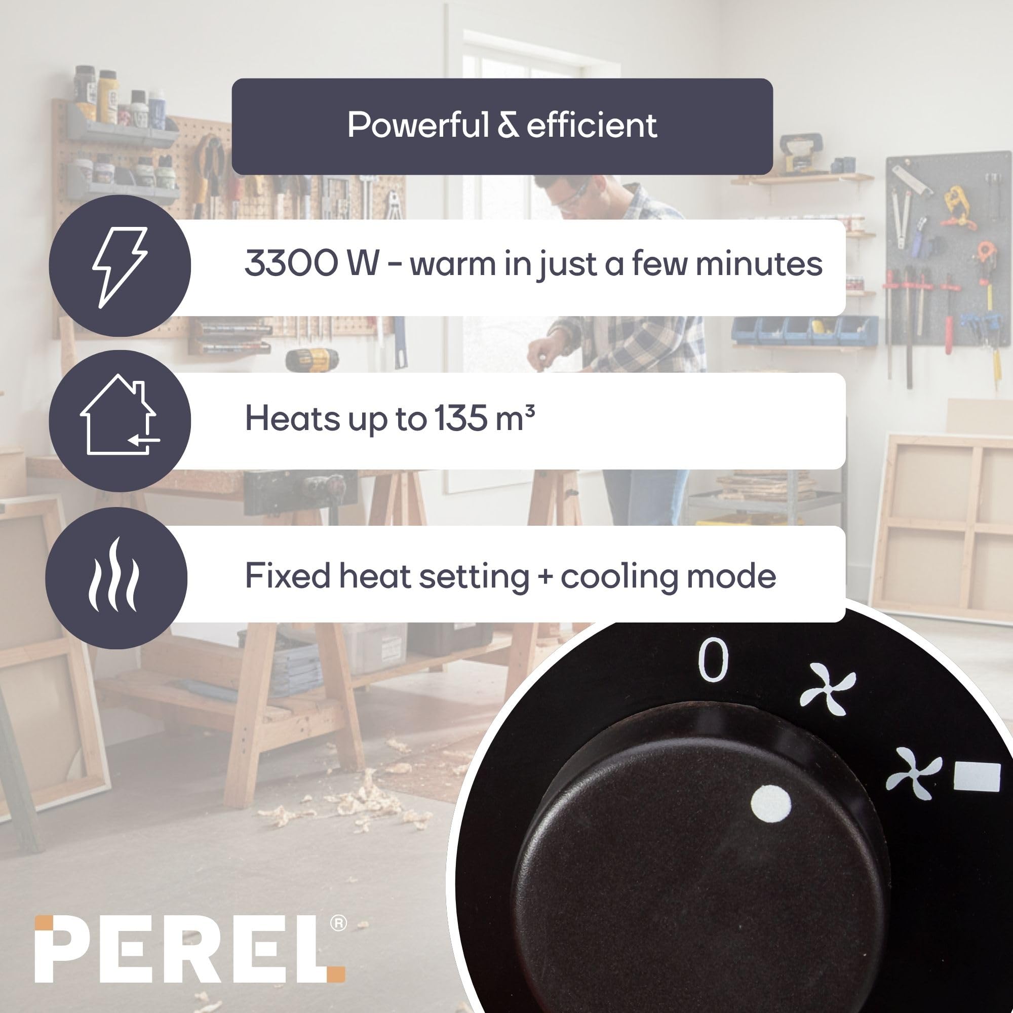 Perel Elektryczny grzejnik wentylatorowy 3300W z termostatem i funkcją chłodzenia, IP24, zabezpieczenie przed przegrzaniem, przenośny kompaktowy grzejnik do warsztatu lub garażu