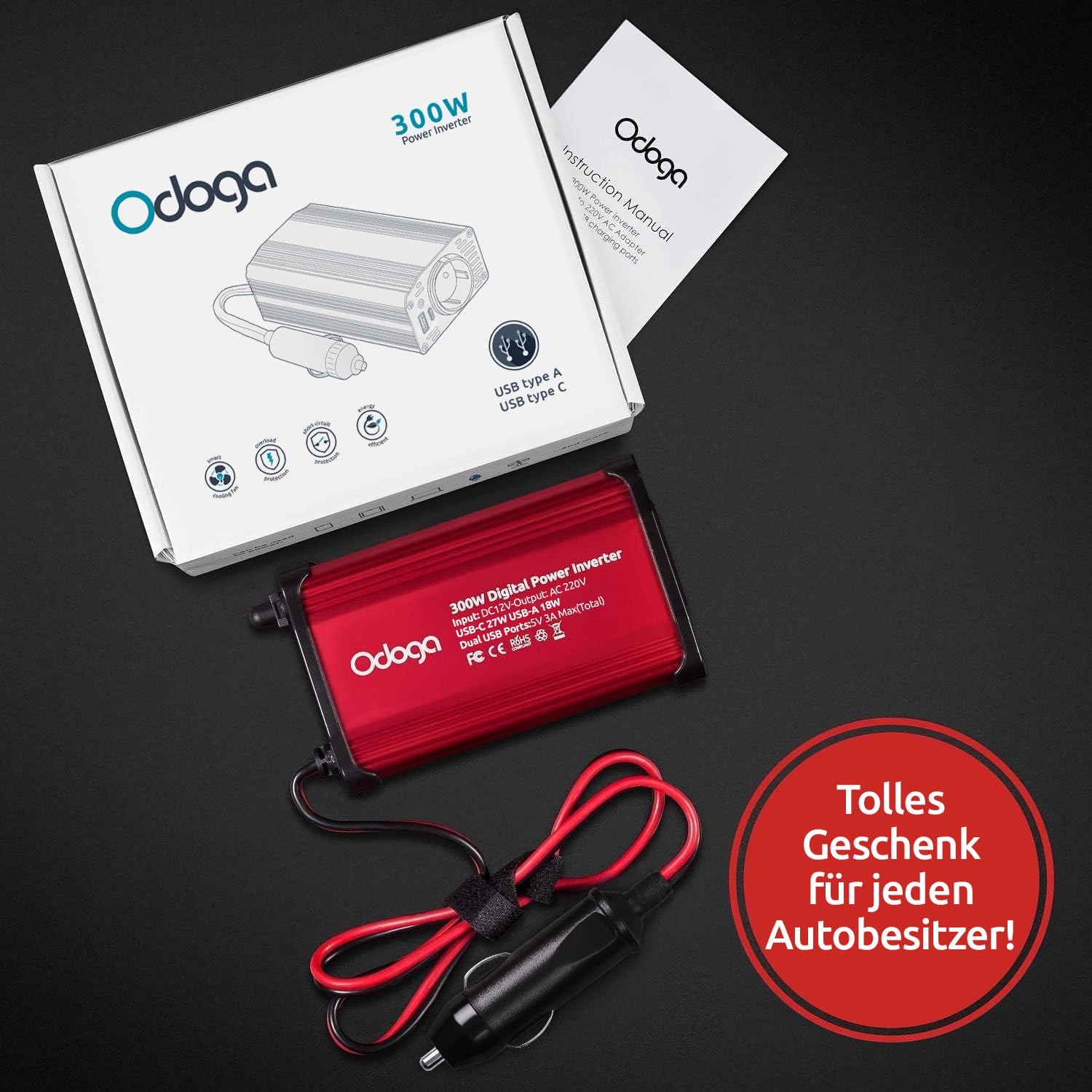 Odoga Wechselrichter 12V auf 230V – 300 W Spannungswandler, Stromwandler mit 3A USB-C und USB-A Anschluss, Inverter 12V 220V, Auto Steckdose, Laden Sie Ihr Laptop, iPad, iPhone, Tablet Und Mehr