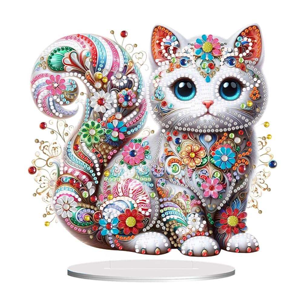 Fiorky Special Shape Cat Diamond Painting Ornament Kit Single-Side 5D DIY Art Tabletop Decorations for Home Office Desktop, Age 6+
