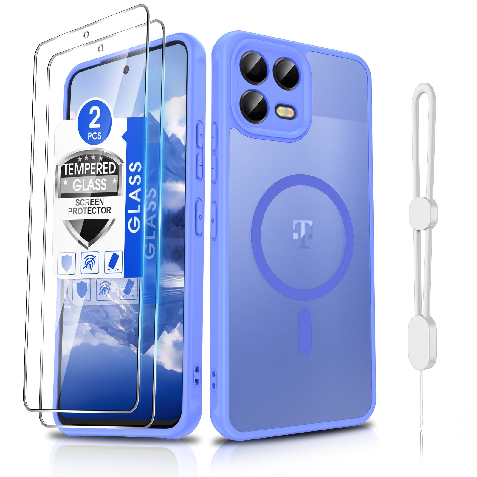 Dizn for T-Mobile Revvl 8 Pro Matte Case with Tempered Glass Screen Protector, Compatible with MagSafe Wireless Charging,with Strapb, Magnetic Shockproof Fundas Protective T-Mobile Revvl8 pro,Sky Blue