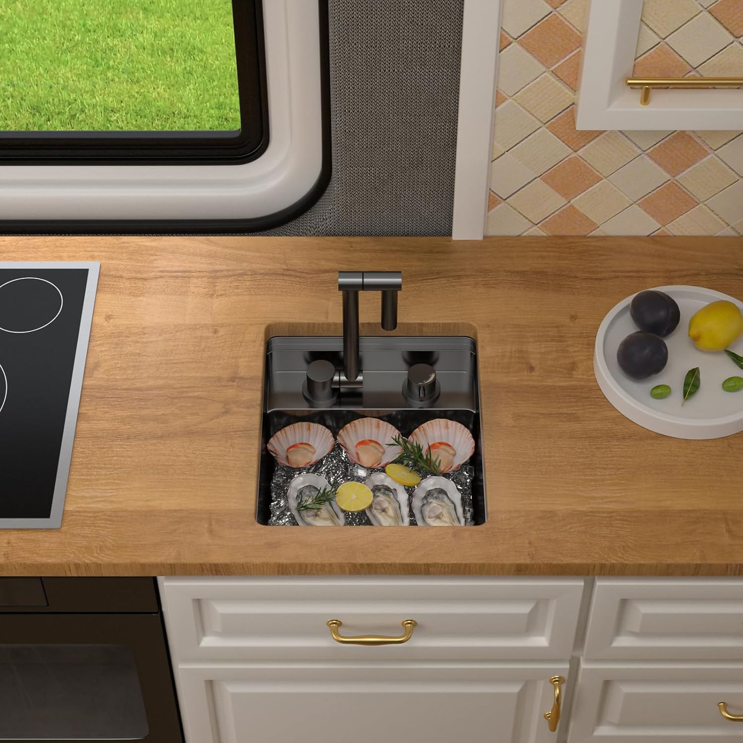 Dcolora 13 In. Matte Black RV Undermount Sink with Foldable Faucet, Stainless Steel Single Bowl Prep Sink Workstation for Camper, Outdoor Kitchen, Bar, Island, 13"x15"x9" #DC-SFDOE00049