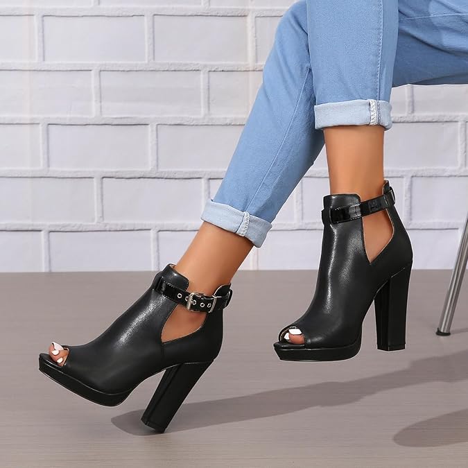 SACFOF Women's Cutout Peep Toe Stacked Chunky Heels Sandals Summer Ankle Strap Buckle High Heel Booties