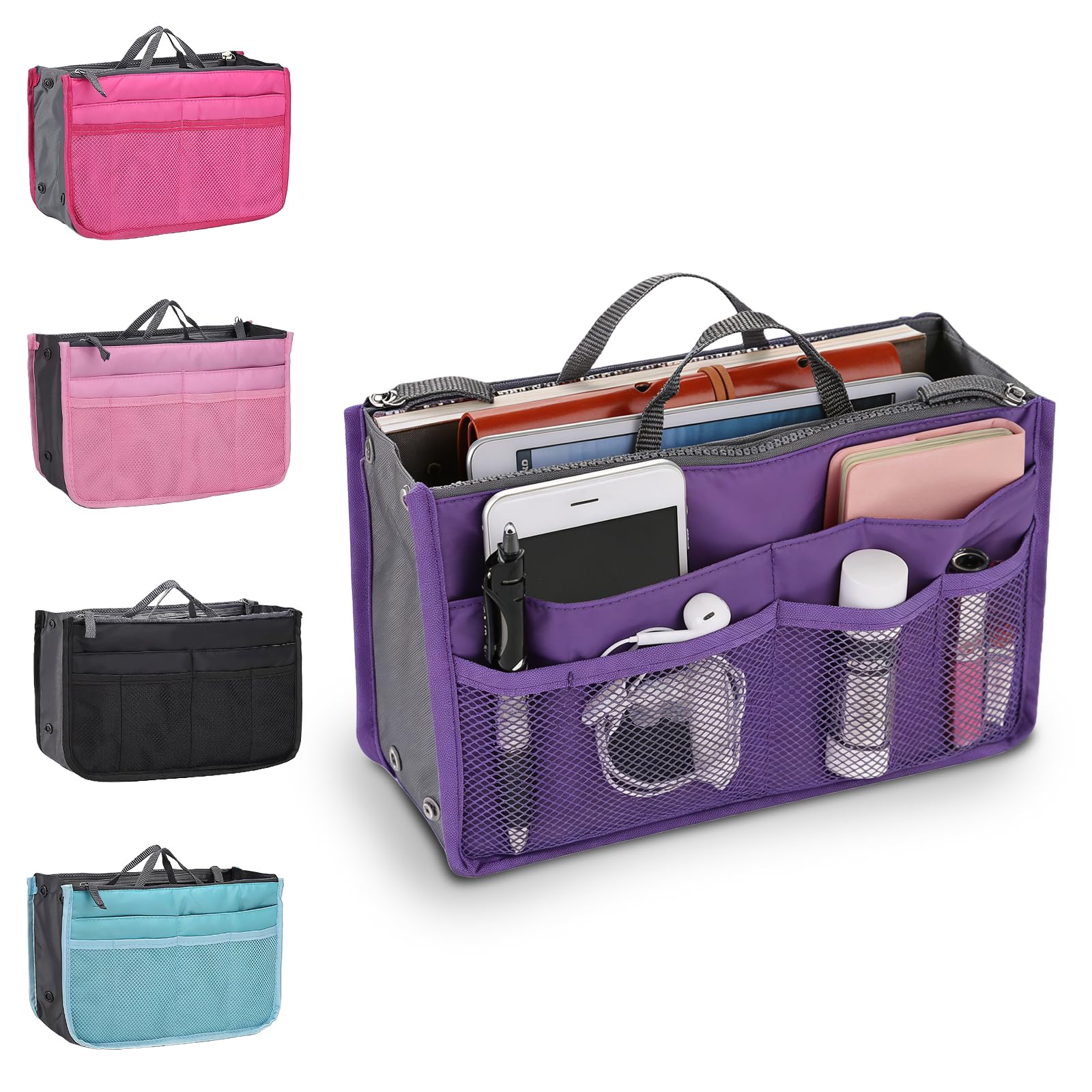 Nbouou Women's Purple Handbag Organiser Insert, Multi-Function Expandable Liner Bag, 13 Pockets Travel Handbag Purse Organiser, Zipper Bag Organiser Tote Bags With Lifting Handle And Multi Pockets For (Purple)