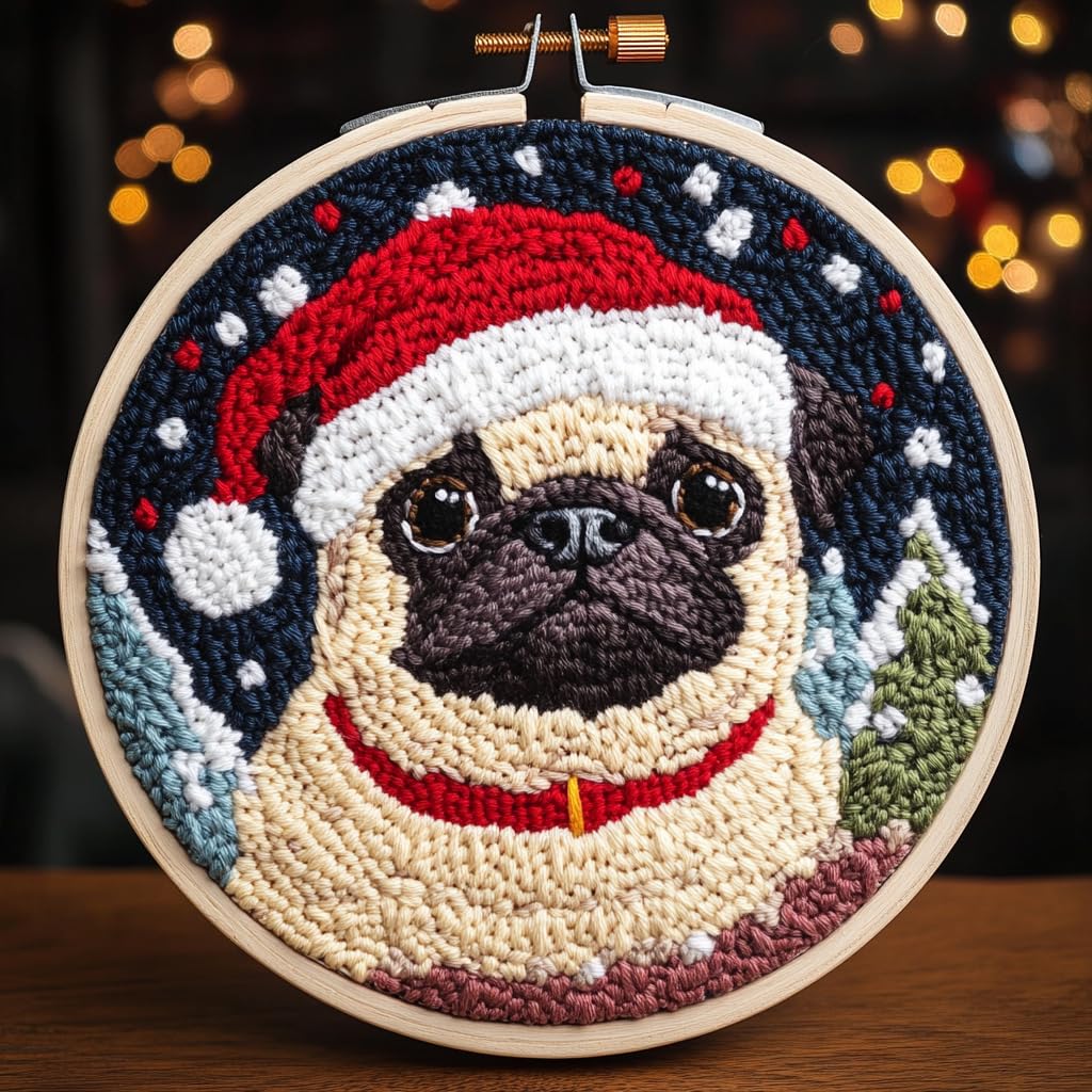 DIY Punch Needle Kits for Beginners Cute Pug Dog Christmas with Hoop Punch Needle Starter Craft Embroidery Set Easy for Adults and Children Festival Gift and Decoration 20x20cm-4