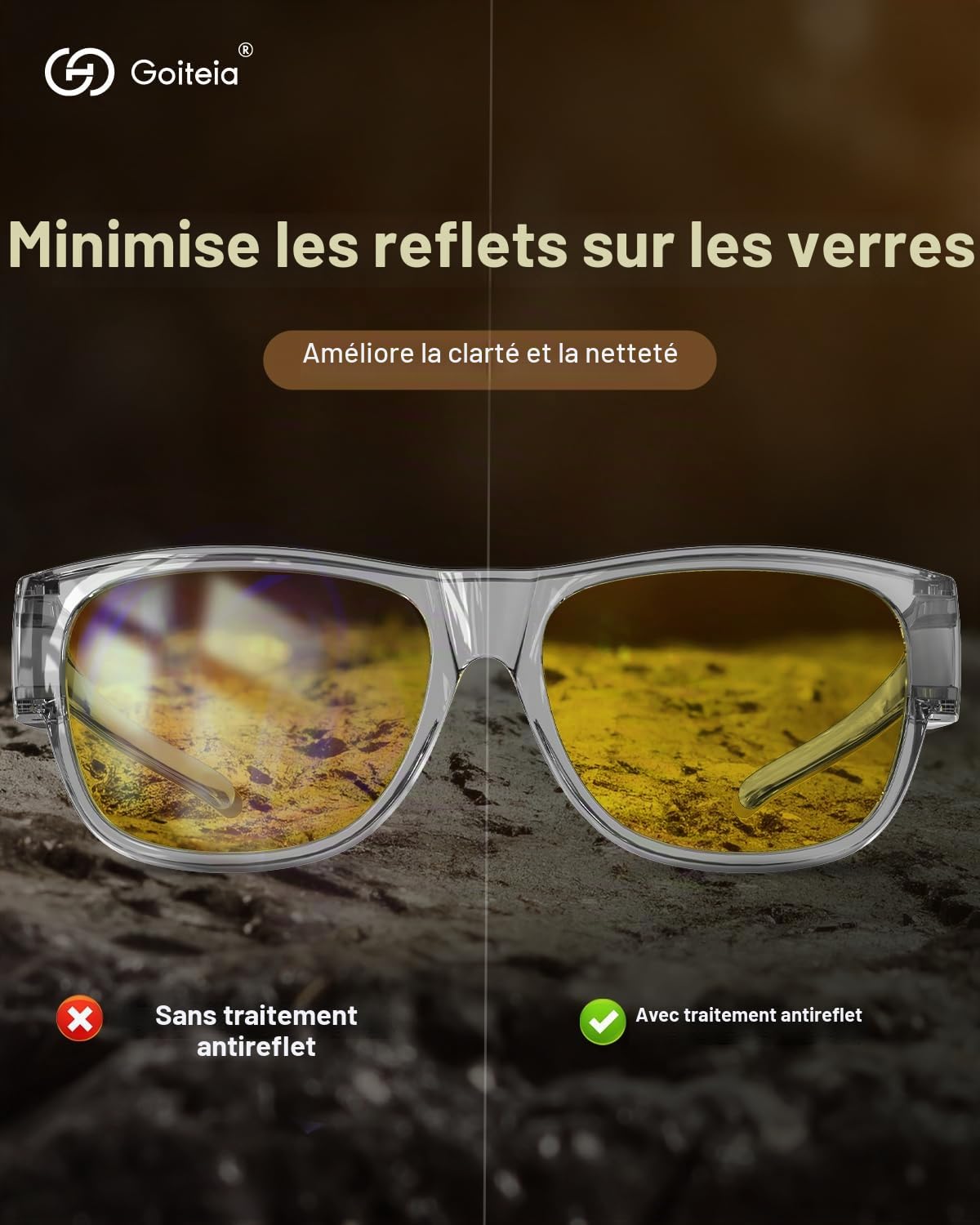Goiteia lunettes de conduite de nuit adaptées, Anti-éblouissement efficace des phares venant en sens inverse, ultra léger，Protection UV 400 polarisée