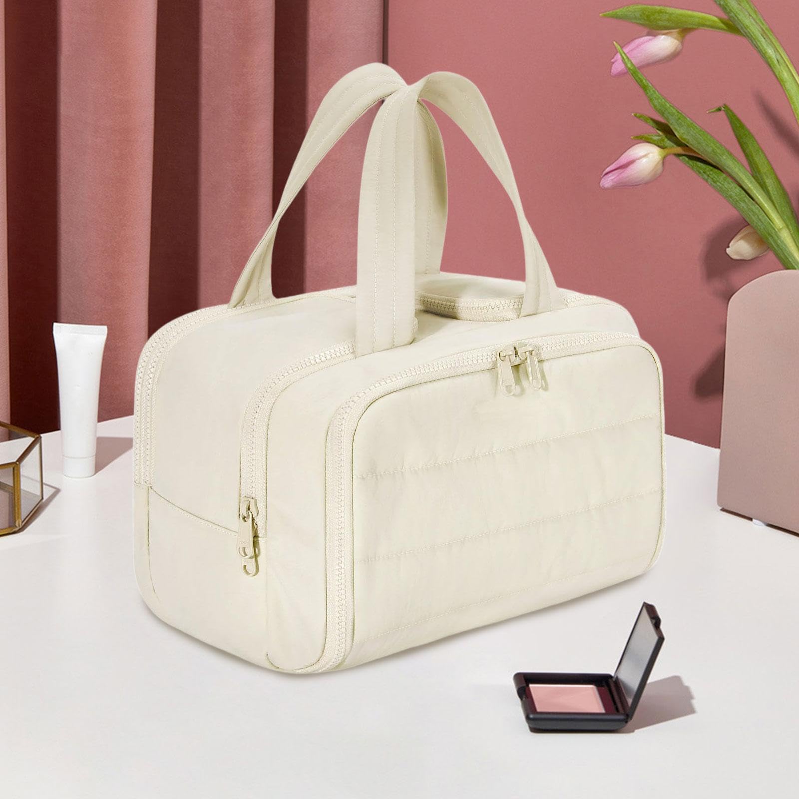 Generic Borsa da Toilette da Viaggio con Chiusura Lampo Organizer Cosmetici per Accessori da Bagno Beauty Case Appeso Donna Uomo Pratica Pochette Trucco, Beige