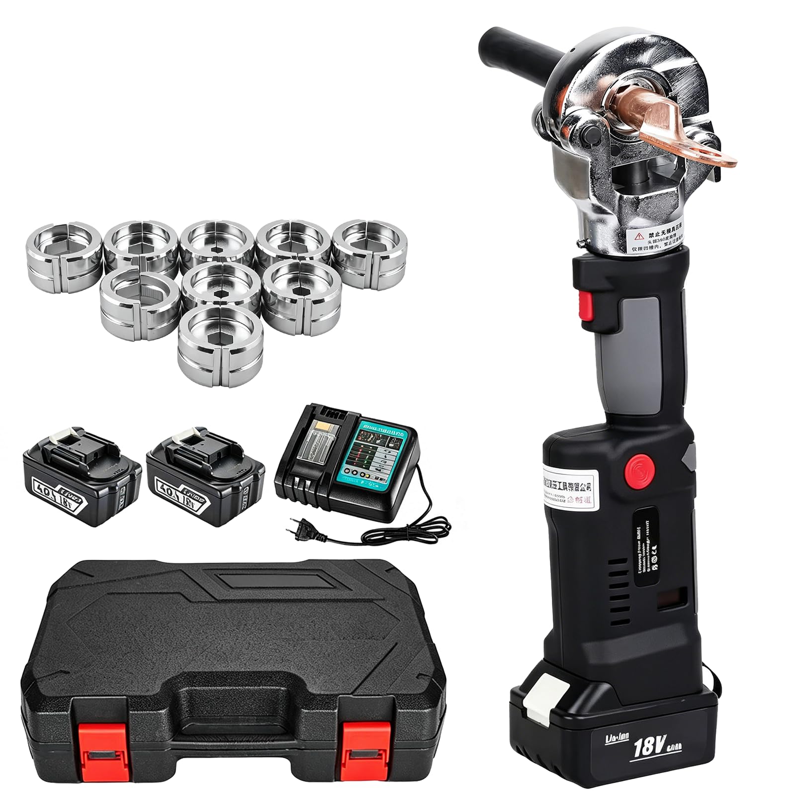 DmqChry Electric Hydraulic Crimping Tool, 6 Ton 6AWG-600MCM Rechargeable Hydraulic Crimper for Cu/Al Terminal, Wire Cable Lug Crimping Tool Kit with 11 Dies, LCD Display & Reset Button