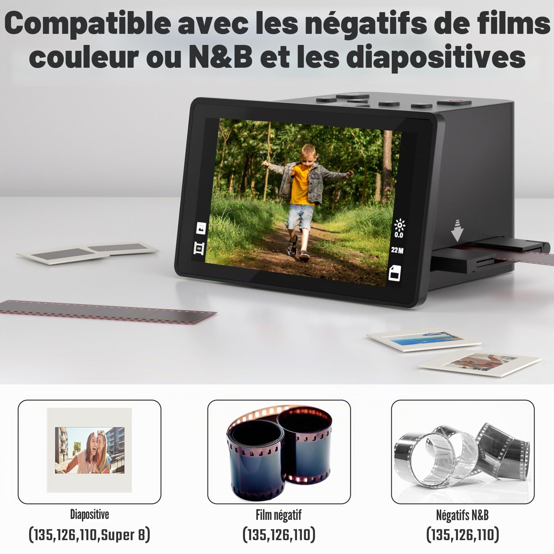 Scanner numérique de films et de diapositives avec grand écran LCD de 5 pouces, scanner de diapositives pour numérisation négatif, convertit 135, 126 KPK, 110 négatifs et super 8-22 films