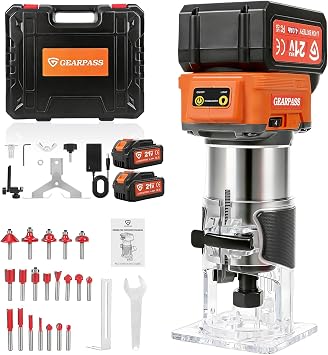 Brushless Cordless Wood Router, 21V Compact Palm Router Trimmer with 24.0Ah Batteries,6-Speed Small Ruteador/Fresadora para Madera with 20PCS 1/4" Bits,Portable Trim Router for Woodworking & Carving
