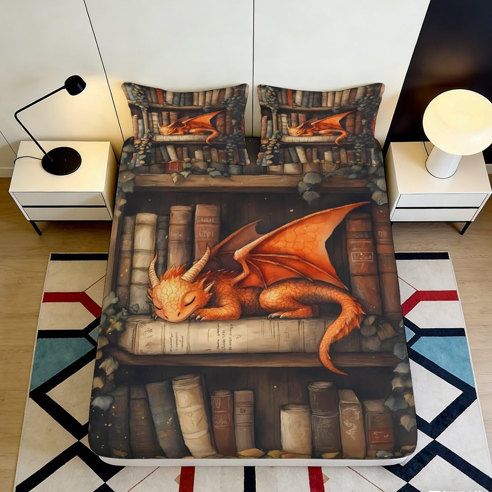Pnayamiorkfel Style-8 3D Printed Orange Dragon Bookshelf Fitted Sheet Microfiber Breathable Bed Cover For Bedroom Guest Room Decor 90X200x25cm