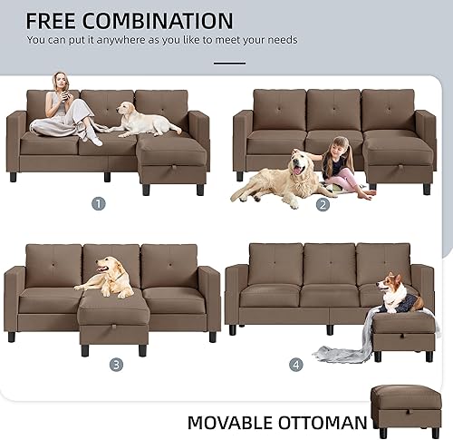 Miniatura 10 de Shintenchi Sofá modular convertible mejorado, sofá en forma de L de 3 plazas con reposabrazos altos, tela de lino, sofá pequeño de mediados de siglo