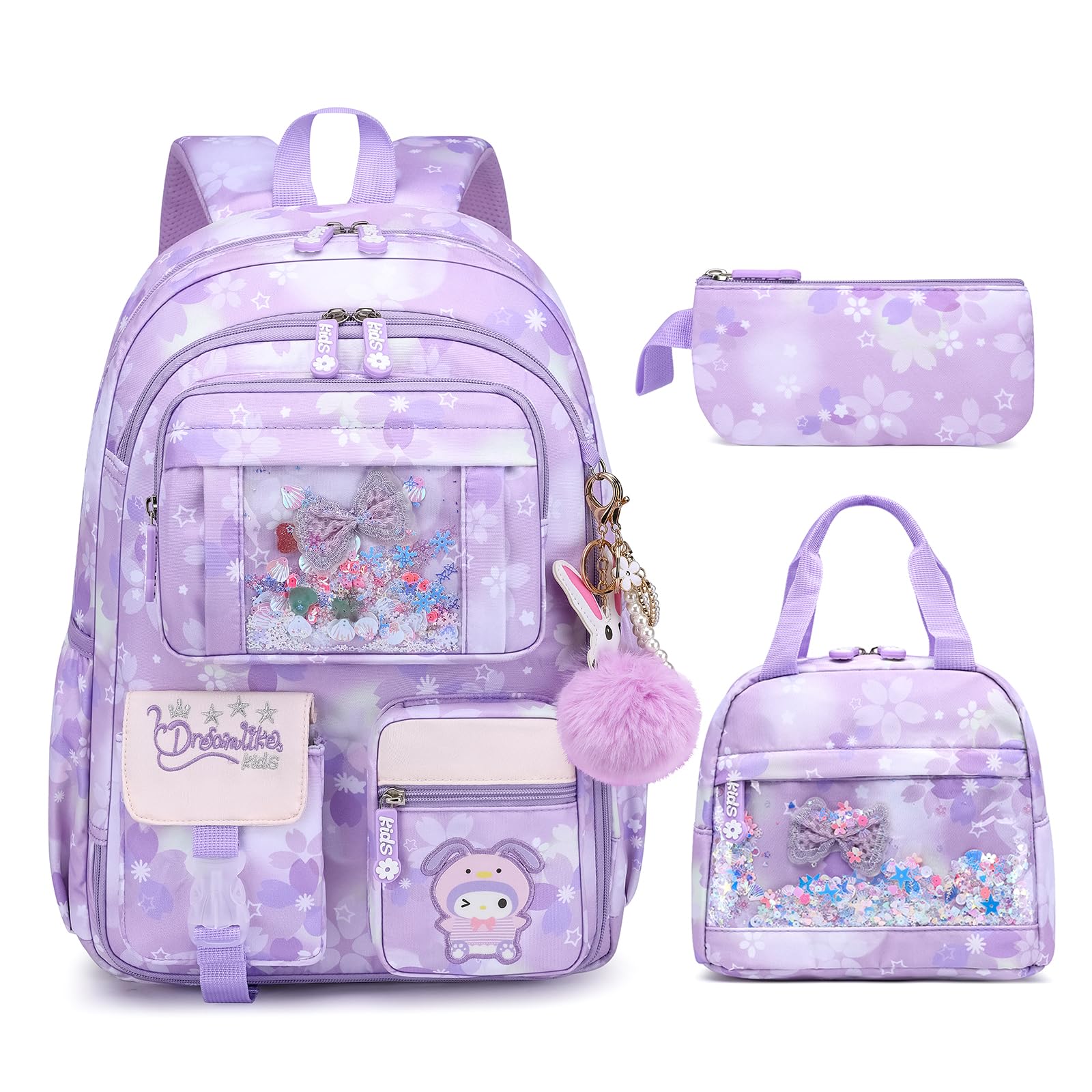 Mochilas escolares para niñas, capacidad Lagre,mochilas para niñas para primaria (Mochila Infantil + Bolsa de Almuerzo Aislada + Estuche Para Lápices, Color Morado)
