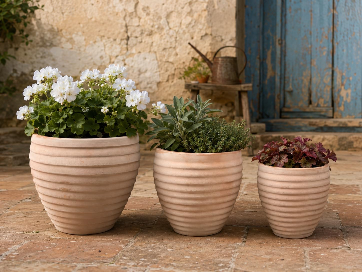 Terracotta Pflanzkübel Stripes Mediterran Blumentopf Garten Terasse Indoor & Outdoor Frostfest (3er Sparset)