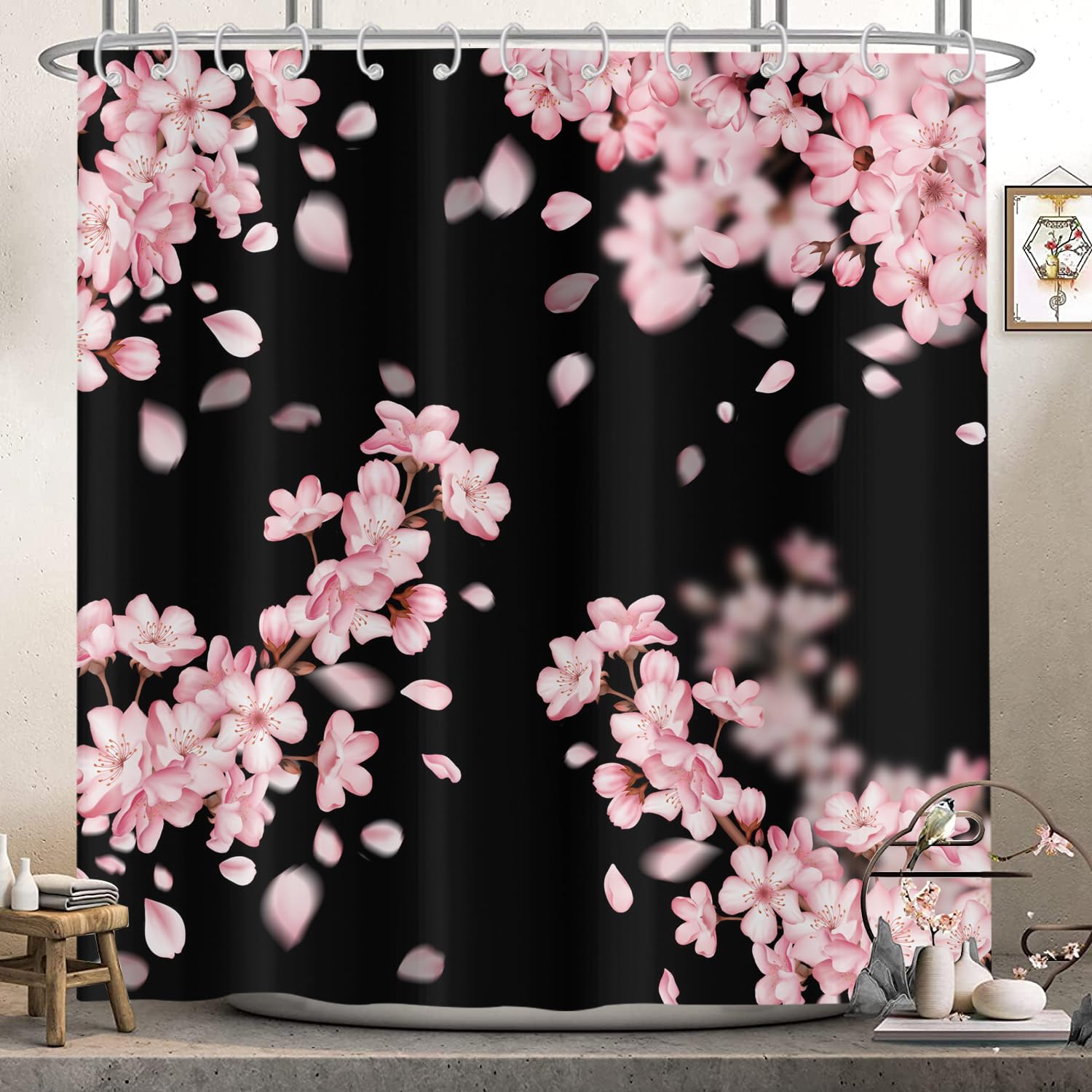 Hnmdmyi Cherry Blossom Shower Curtain 120x180, Pink Floral Japanese Asian Style Sakura Aesthetic Art Black Bathroom Curtains with Hooks Waterproof Polyester Fabric Washable Bath Curtains for Wet Room