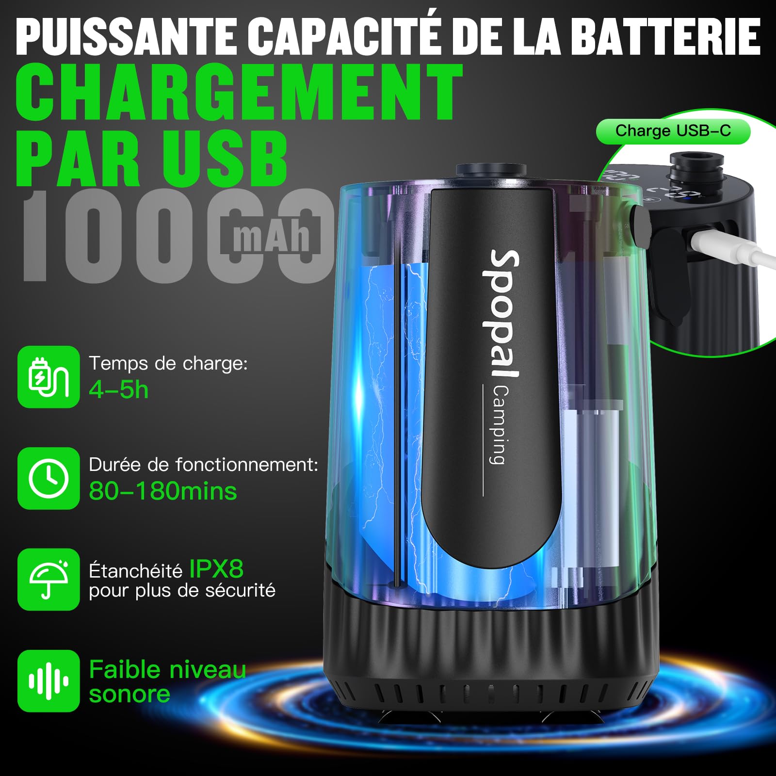 Spopal Douche Portable, Kit Douche de Camping,10000mAh,Douche Camping, Rechargeable, avec Afficheur Intelligent et 5 Vitesses Réglables pour Extérieure,Camping,Voyage,Animaux