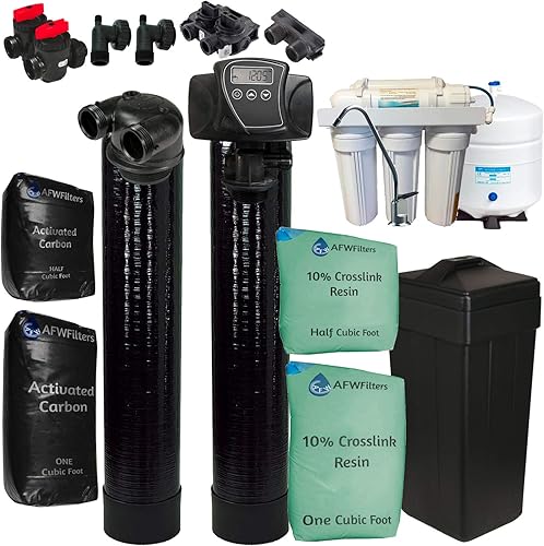 AFW Filters Built Fleck 5600SXT - Suavizante de agua de 48,000 granos con filtro de carbono de flujo ascendente (10% resina con agua potable RO)