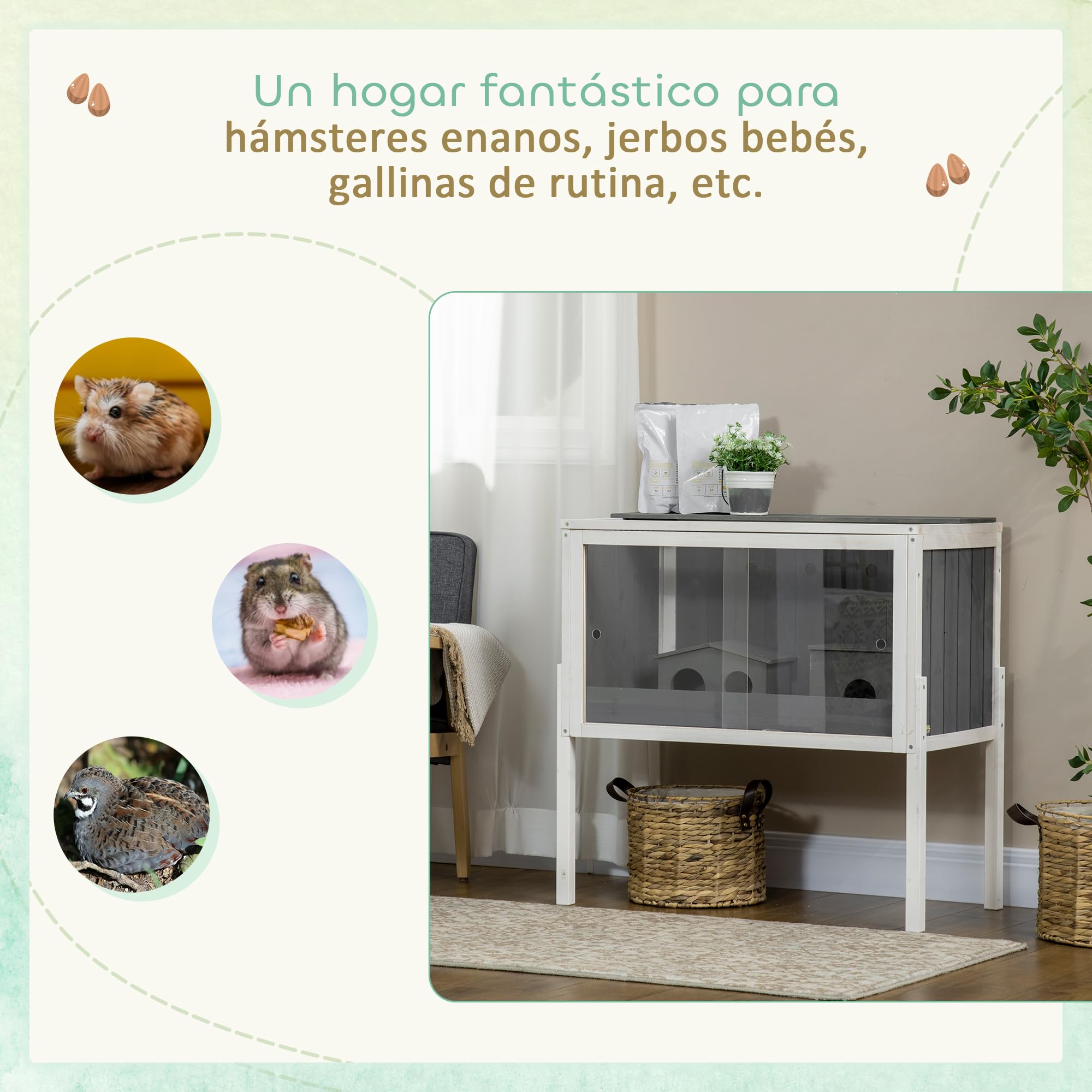 PawHut Jaula para Hámster de Madera 82x45x81 cm Casa para Roedores con Estante Desmontable 2 Puertas de Acrílico 2 Casitas para Animales Pequeños Gris Oscuro