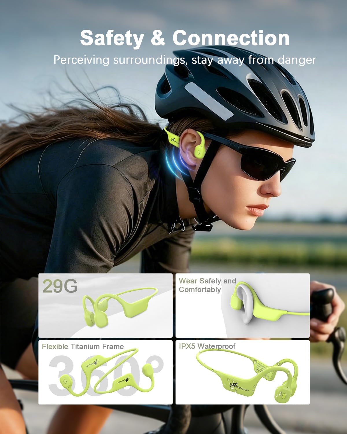 ANSTEN Casque Conduction Osseuse Bluetooth 5.3, 2025 Open Ear Casque de Sport sans Fil avec Micro, Charge Rapide USB-C, étanchéité IPX5 pour Le Sport, Le Cyclisme et Le Fitness(Vert)