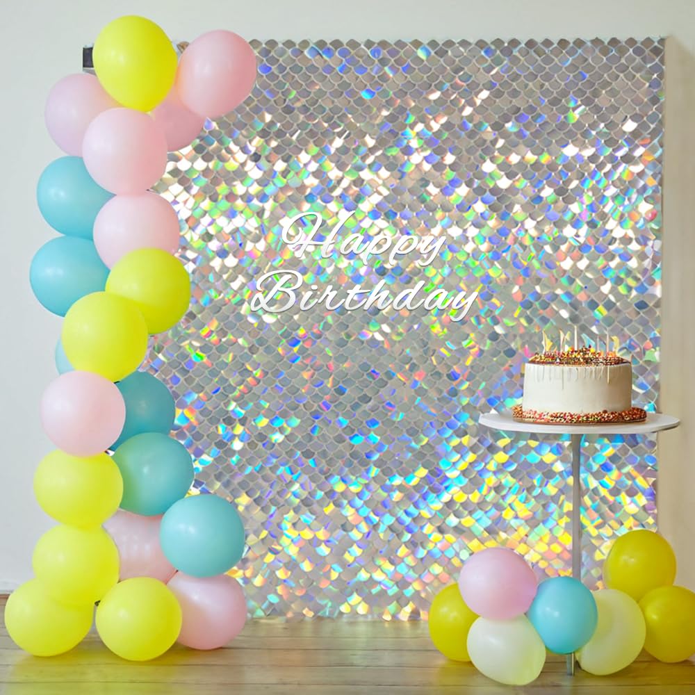 Iridescent Silver Shimmer Wall Backdrop Mermaid Panels 24Pcs Sequin Wall Panel Backdrop for Birthday Anniversary Engagement Bachelorette Parties