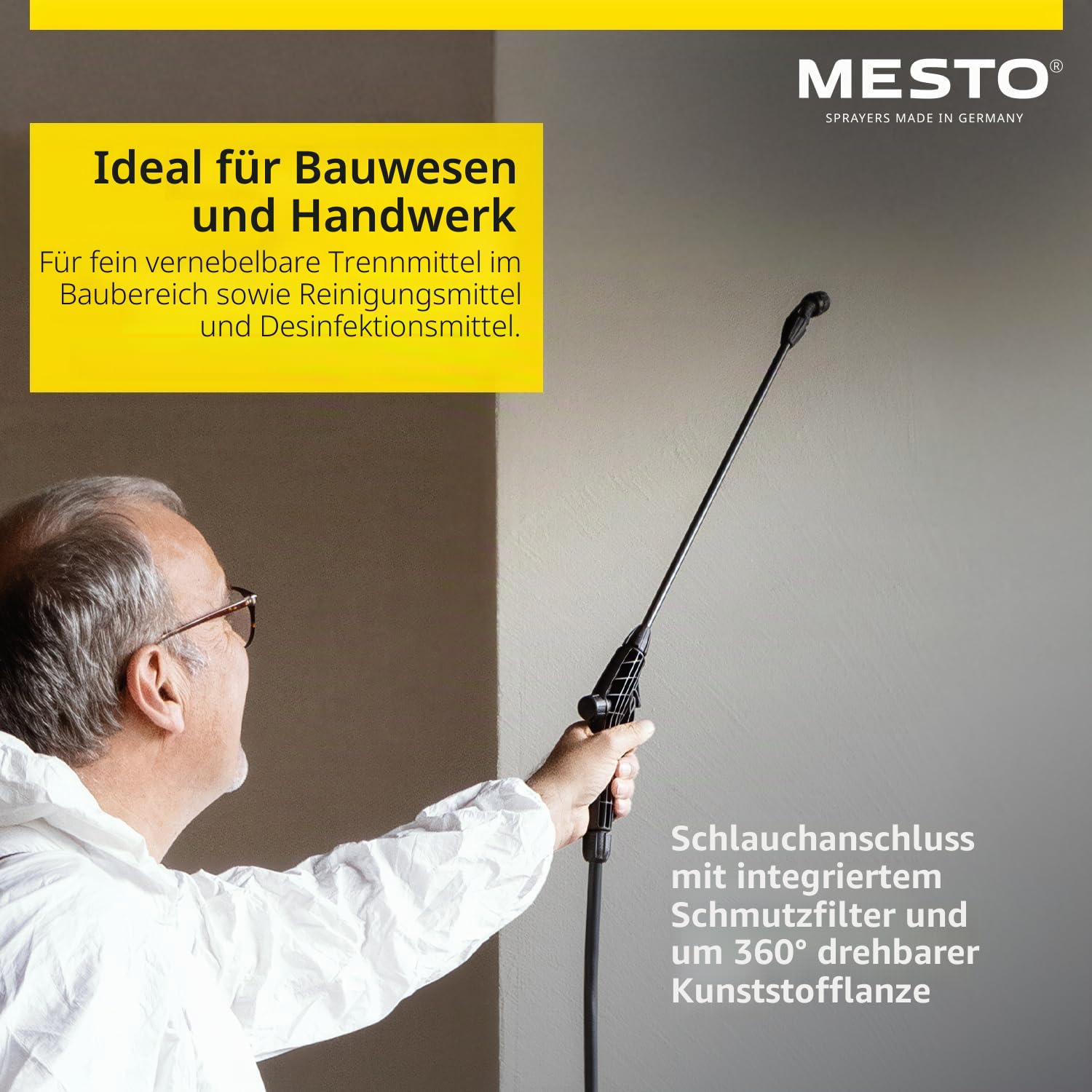 MESTO Primer Drucksprühgerät 5L Set inkl. MESTO Verlängerungsrohr 45cm | Pumpsprühflasche 3 Bar | Sprühflasche BAU & Handwerk | Drucksprühgerät für BAU Chemikalien & Grundierungen | Flachstrahldüse