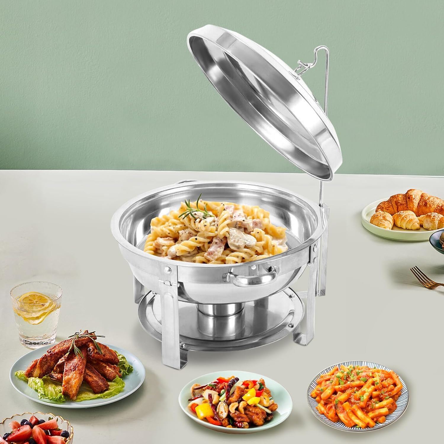 Lid 4.5 Litre Cibo Scaldabagno Catering, Acciaio Inossidabile Rotondo Buffet Chafing Piatto Vetro, Chafing Dish Catering Buffet Warmer Set, per feste, buffer e scaldavivande con coperchio set