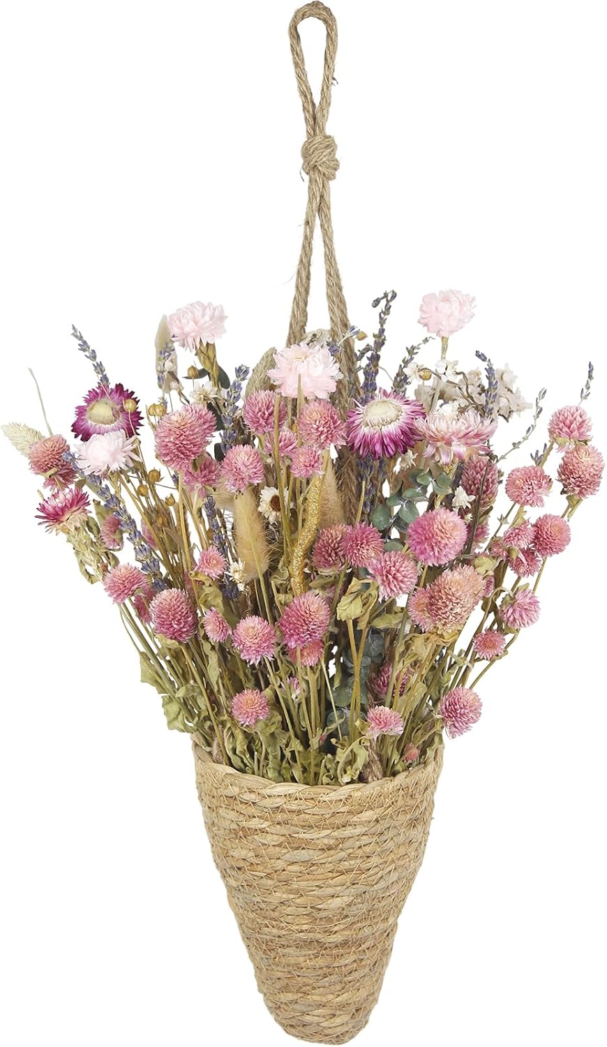 Hanging Wall Basket and Natural Dried Flower Bouquet Conical Hanging Wicker Basket with Hemp Rope Handmade Wall Planter for Garden Home Flowers Planters Boho Decor Front Door Porch Entryway