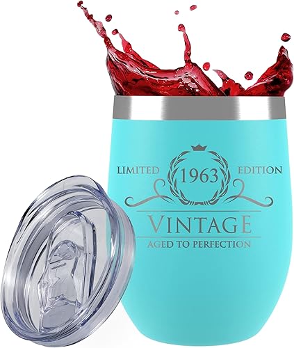 Regalos de cumpleaños número 60 para mujer, vaso de vino sin tallo de menta 1963 de 12 onzas, decoraciones de cumpleaños 60 para mujeres, regalos de disponible en Yaxa Peru
