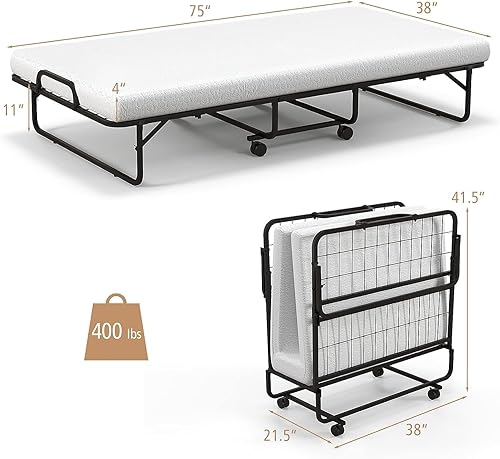 Miniatura 30 de HAPPYGRILL Cama enrollable, cama plegable con colchón de espuma viscoelástica de 5 pulgadas, marco de acero resistente, 4 ruedas universales, cama