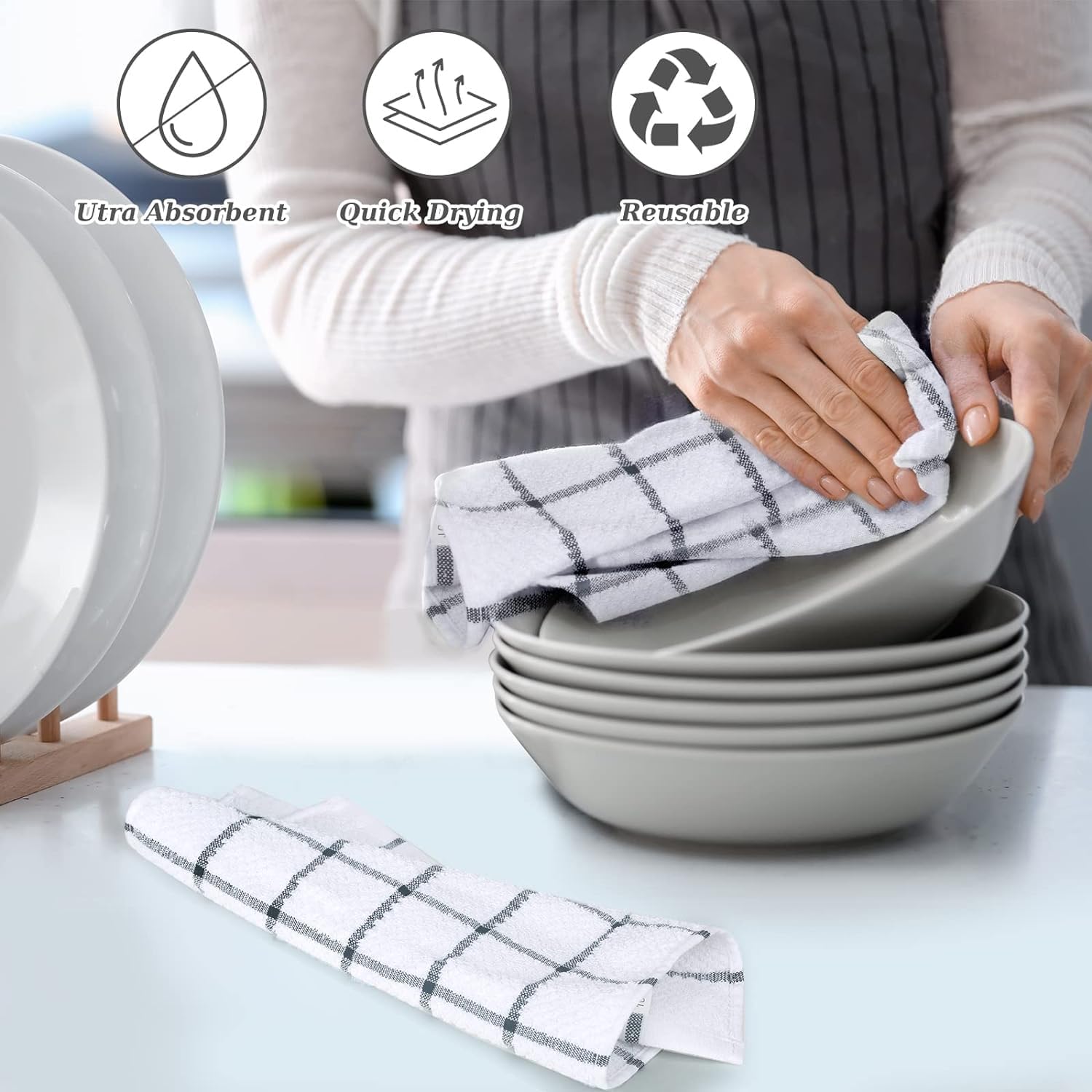 Oven Mitts and Pot Holders Set 500 Degree Heat Resistant Oven Gloves and Hot Pads, Premium Soft Cotton Kitchen Hand Towels and Dish Cloth Hanging Loop Gray - Image 5