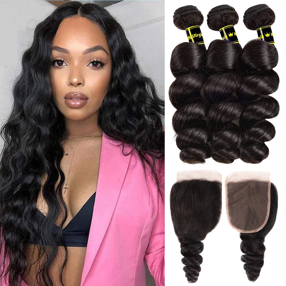 Human Hair Loose Wave Bundles Brazilian Loose Wave Hair 3 Bundles With 4X4 Lace Closure Free Part (14 16 18+12) 100% Unprocessed Human Hair Weave Bundles Can Be Dyed and Bleached Natural Black Color