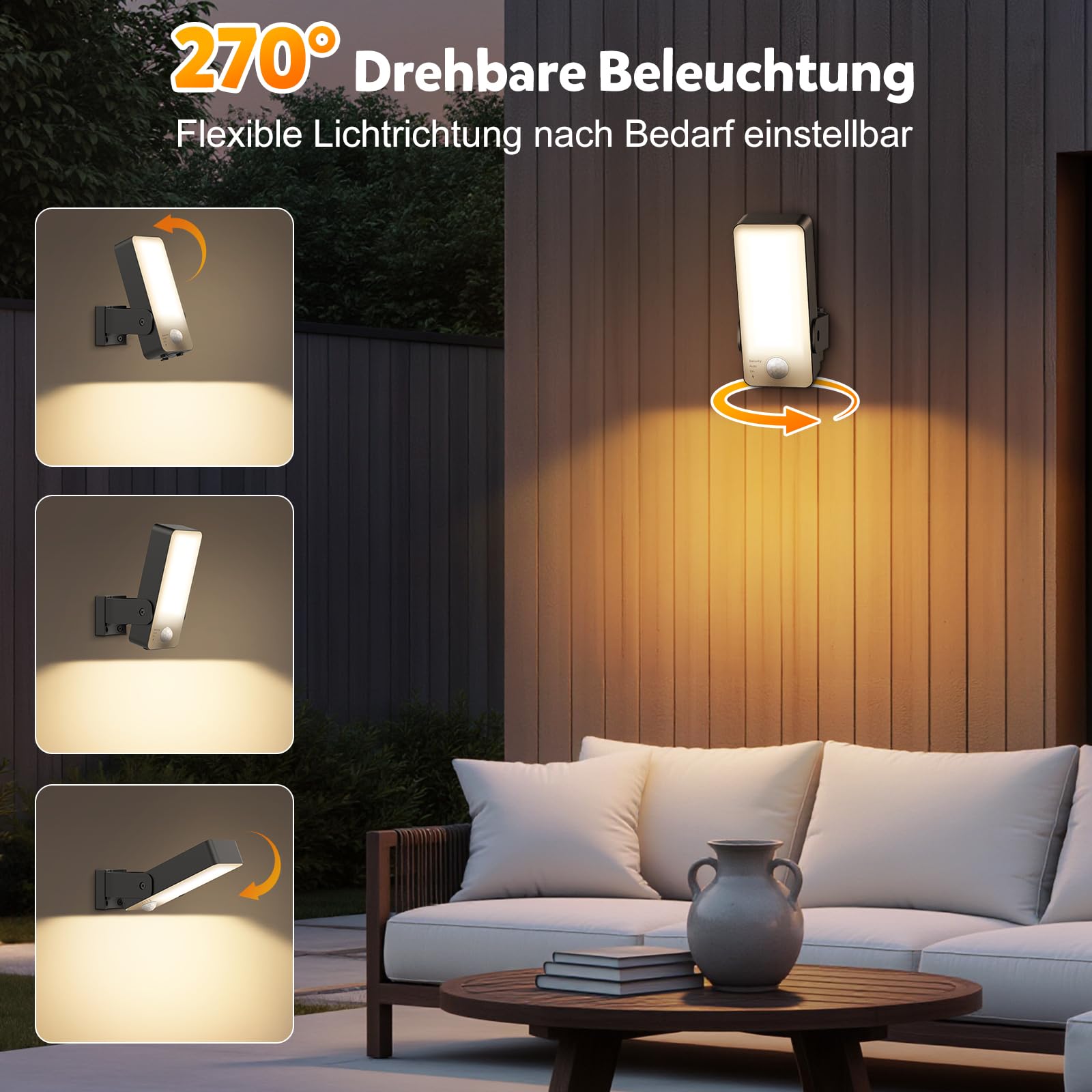 Außenwandleuchte Außenlampe mit Bewegungsmelder, 10000mAh Akku Wandleuchte mit Fernbedienung, 3 Modi 3000K-6000K Timer Led Aufladbare lampe mit bewegungsmelder aussen für Garage, Hof, Haustür-2 Stück