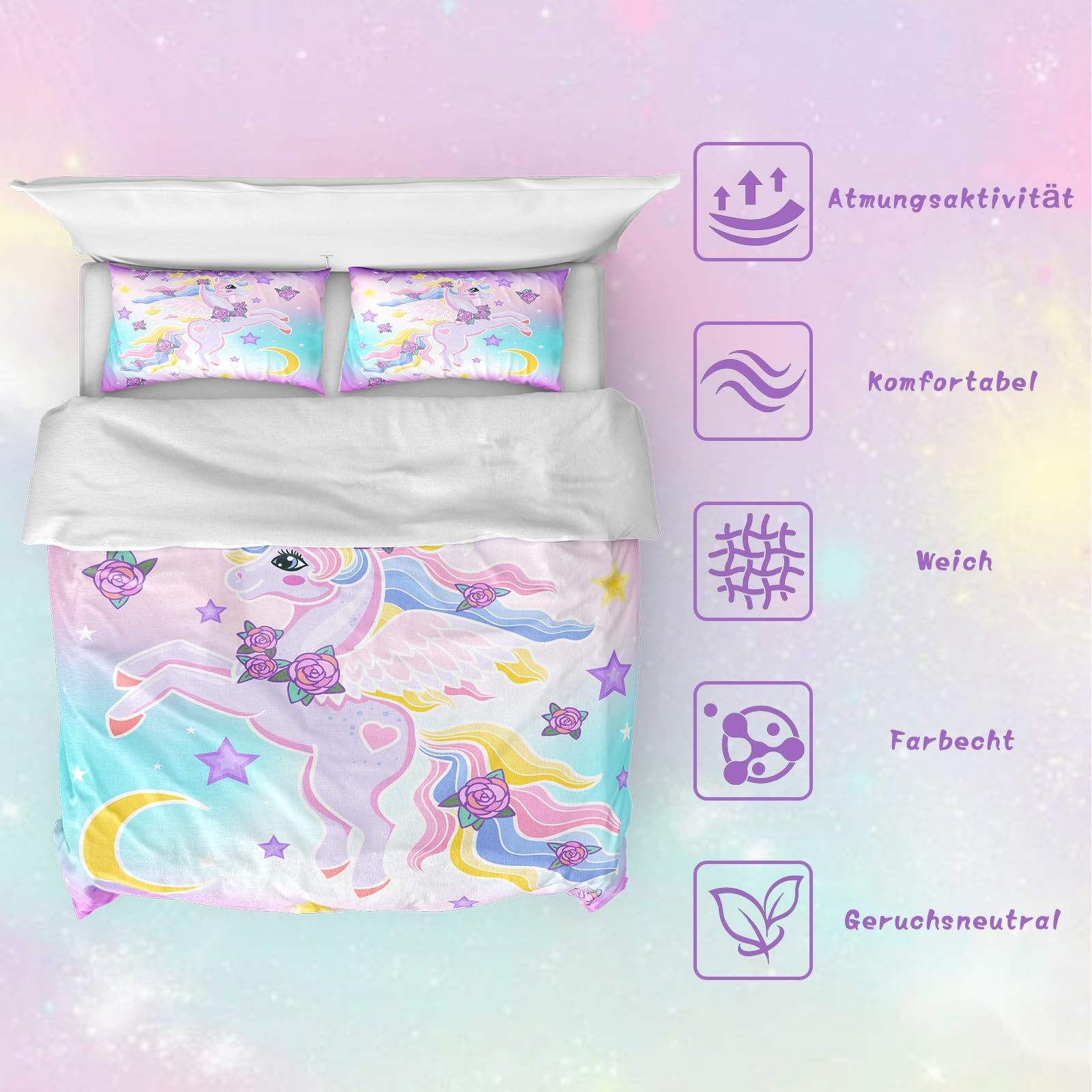 AOXHFNV Eenhoorn meisjes roze beddengoed set 135x200cm schattige eenhoorn ster maan patroon dekbedovertrek eenhoorn beddengoed voor kinderen, jongens en meisjes (roze, 200 x 200 cm