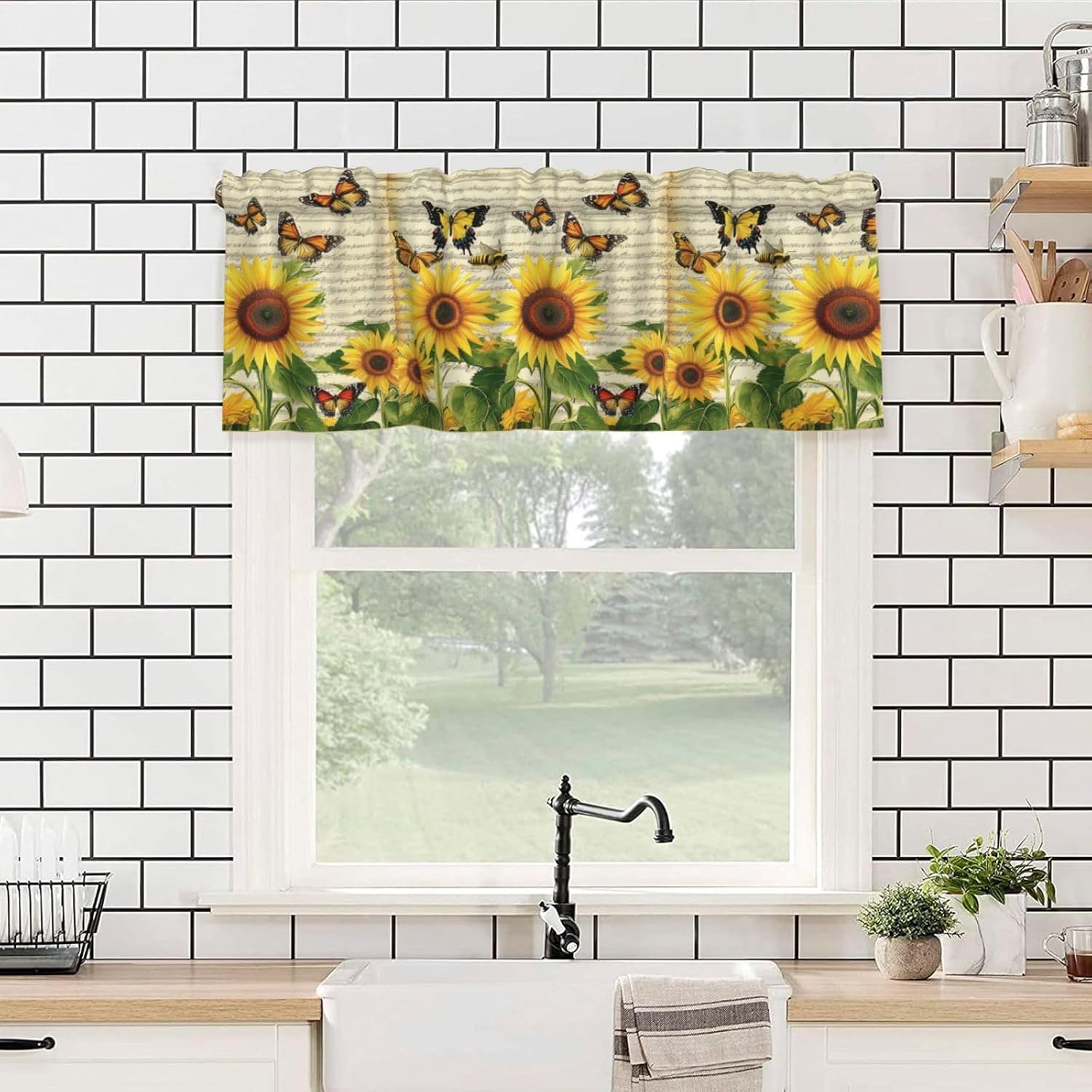 Valance for Windows Summer Sunflower Butterfly Kitchen Curtains Valances Rod Pocket Vintage Rustic Farm Floral Window Treatment Short Topper Curtains 1 Panel, 54x18inch