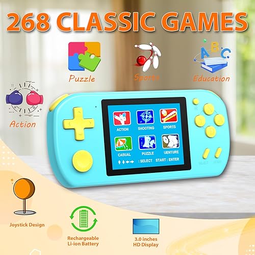 Miniatura 9 de Beico Juegos de mano para niños y adultos con 268 videojuegos clásicos retro integrados, pantalla a color de 3.0 pulgadas, recargable, portátil,