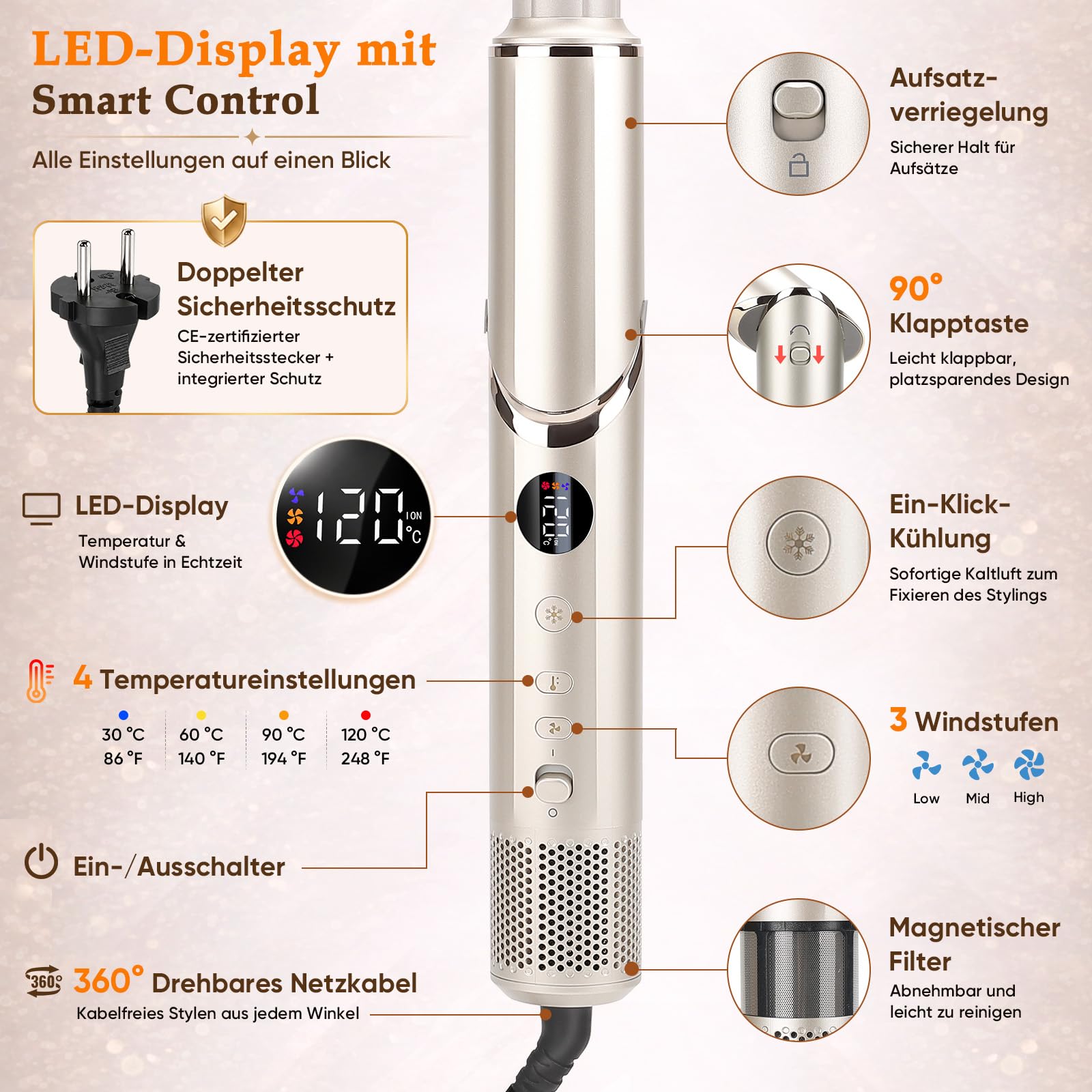 NEW 8 in 1 Hairstyler Set LCD-Display Multistyler 110,000 U/min Airflow Faltbares Kaltluftfunktion Heißluftbürste Schnelles Trocknen Glätten Locken und Volumen mit Ionen Haartrockner