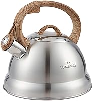 Vista 1 de Creative Home - Tetera silbante de acero inoxidable de 2.3 cuartos de galón con mango ergonómico de goma de madera, acabado satinado