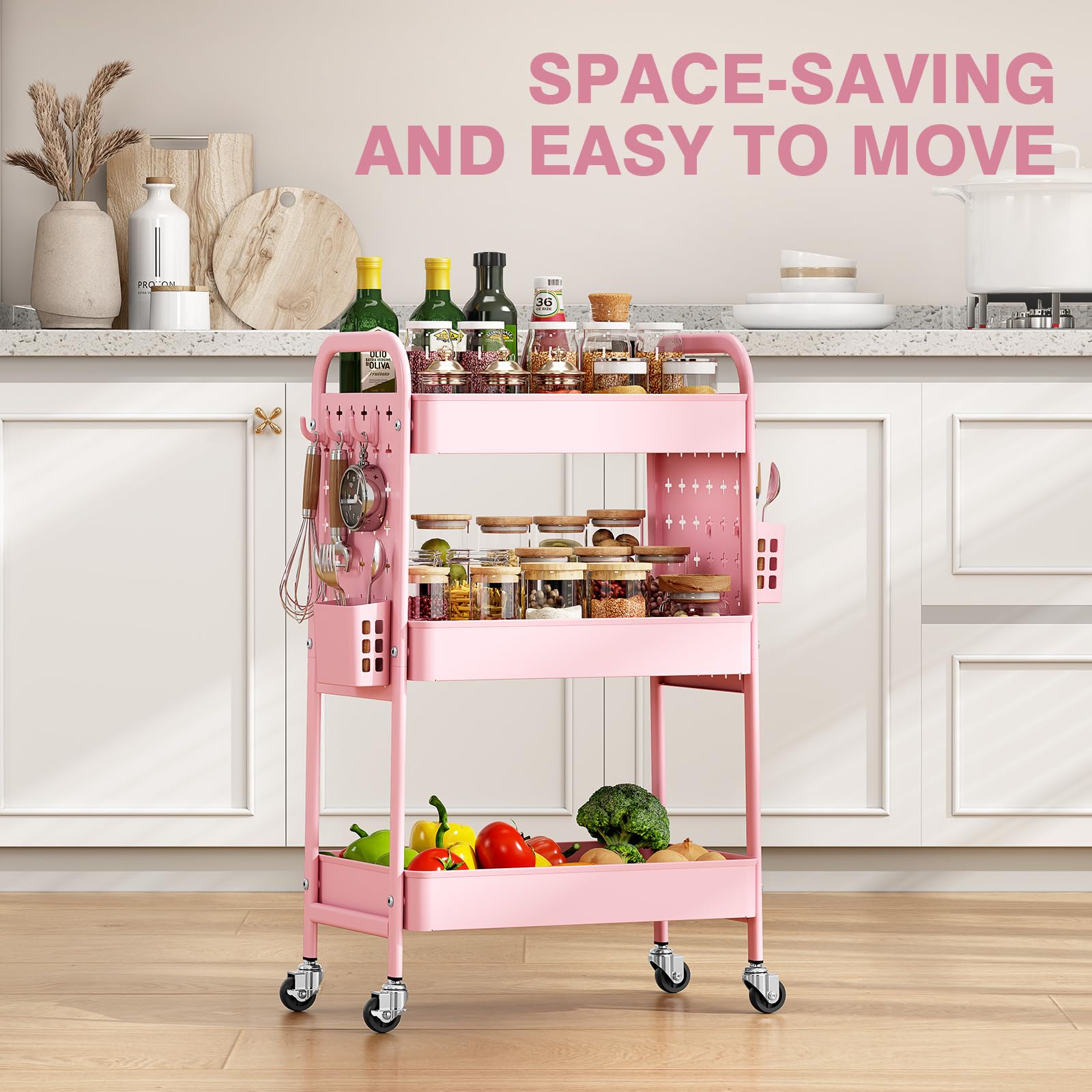 KINGRACK Carrello 3 Livelli Ruote, Rosa | Pannello Forato DIY, Ganci, Cestini, Cucina, Bagno, Ufficio