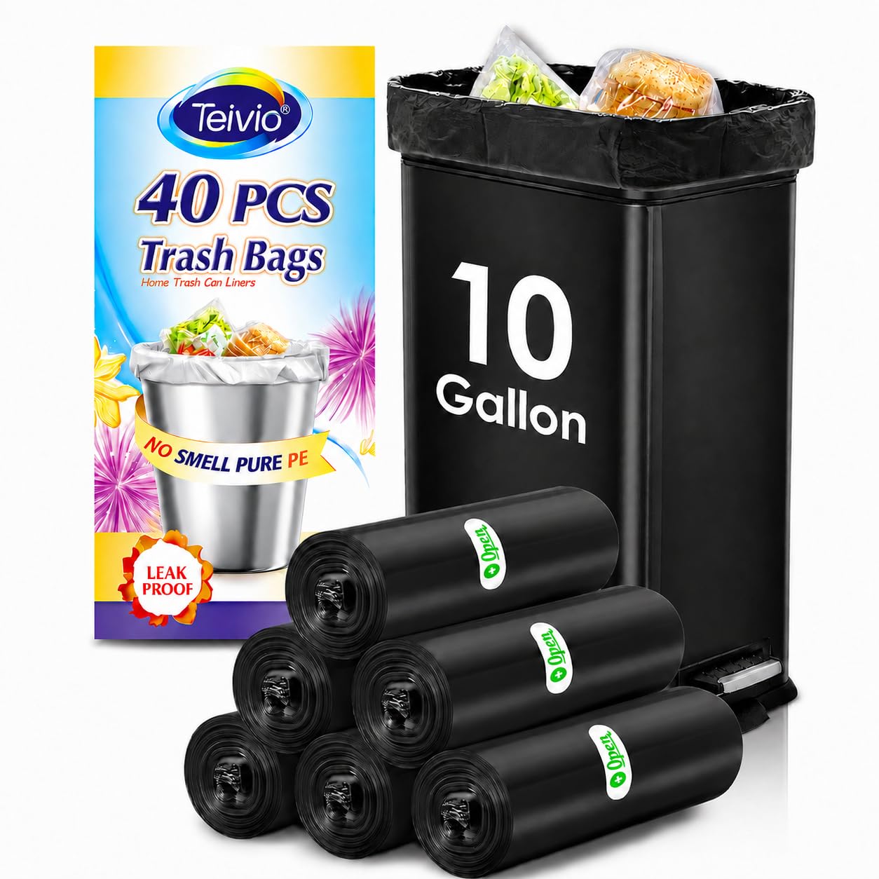 Teivio Medium Black Trash Bags 10 Gallon 40 Count Kitchen Garbage Bags