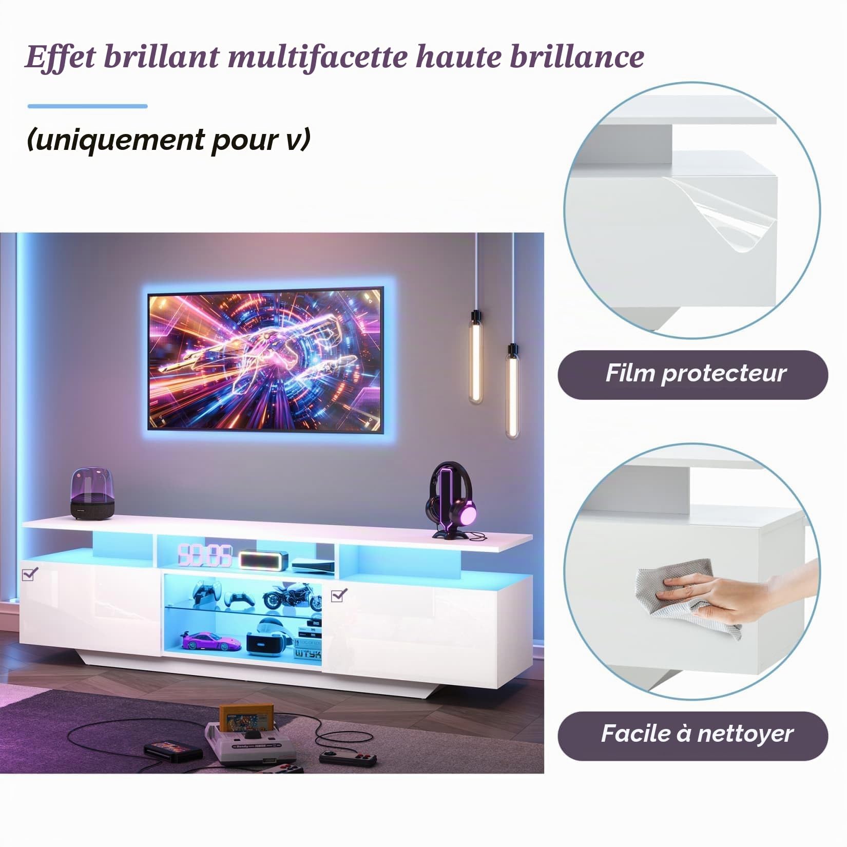 Meuble TV Blanc 160x40x45cm,Meuble Tele Brillant avec éclairage LED Réglable,2 Armoires,8 étagères,pour Téléviseurs D'environ 70 Pouces (I)