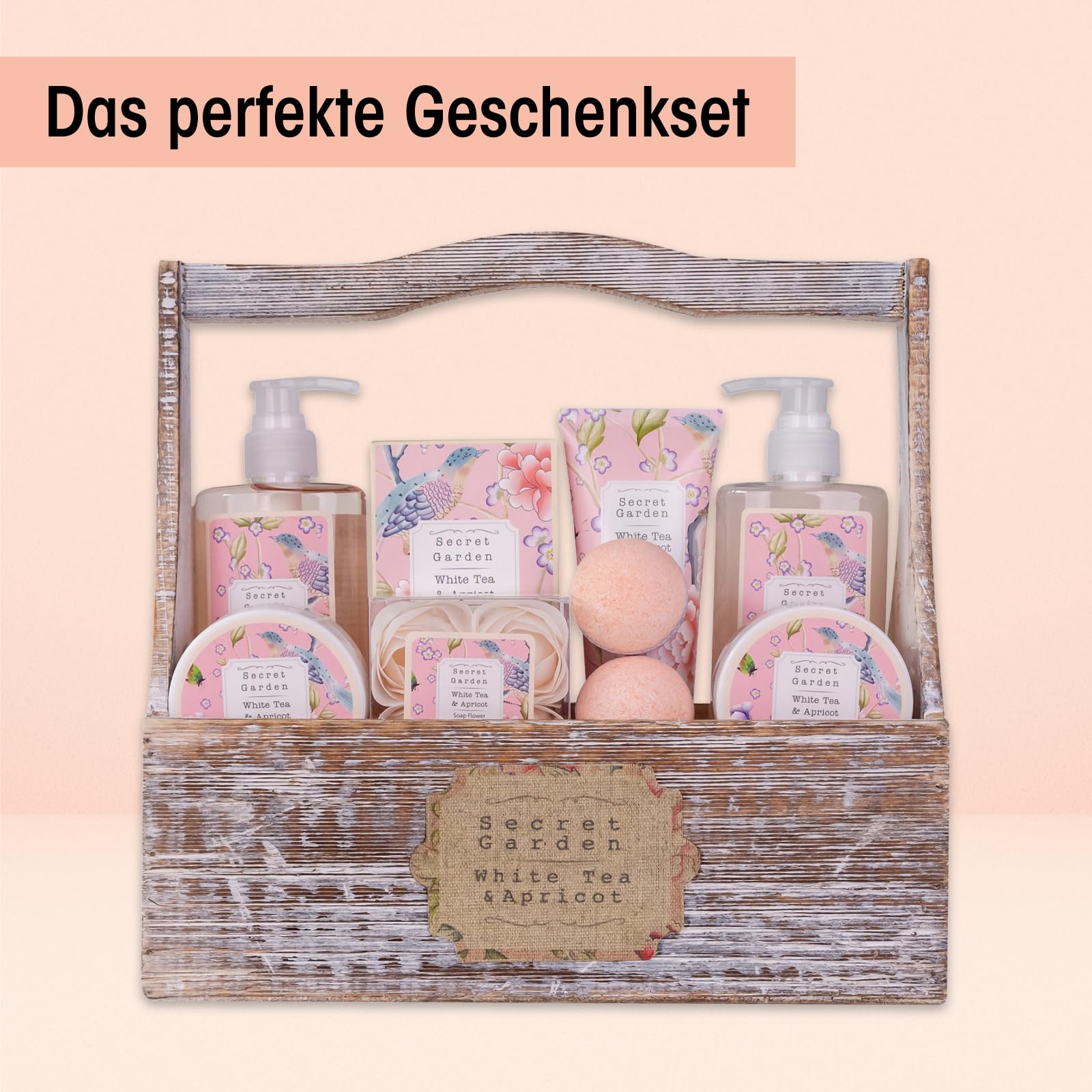 Accentra Geschenkset SECRET GARDEN, 10-teiliges Geschenkset für Frauen mit Duschgel, Schaumbad, Lotion, Peeling, Handcreme, Badesalz, Rosenkonfetti und Badebombe in einer Holzbox, White Tea Apricot