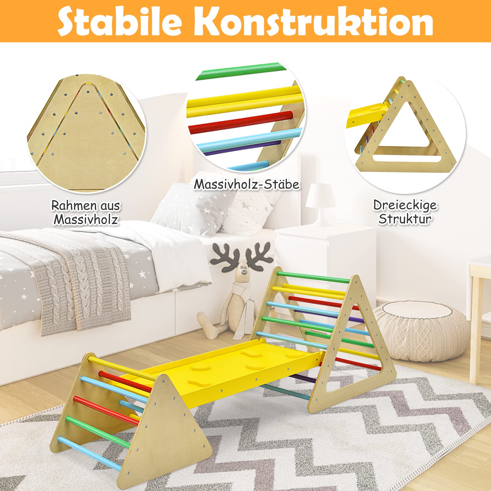 DREAMADE 3 in 1 Kletterdreieck mit Rutschbrett & Leiter, Indoor Klettergerüst klappbar, Holzdreieck Sprossendreieck Klettergerät, Kletterspielzeug Set aus Holz, für Kinder ab 3 Jahre (Bunt)