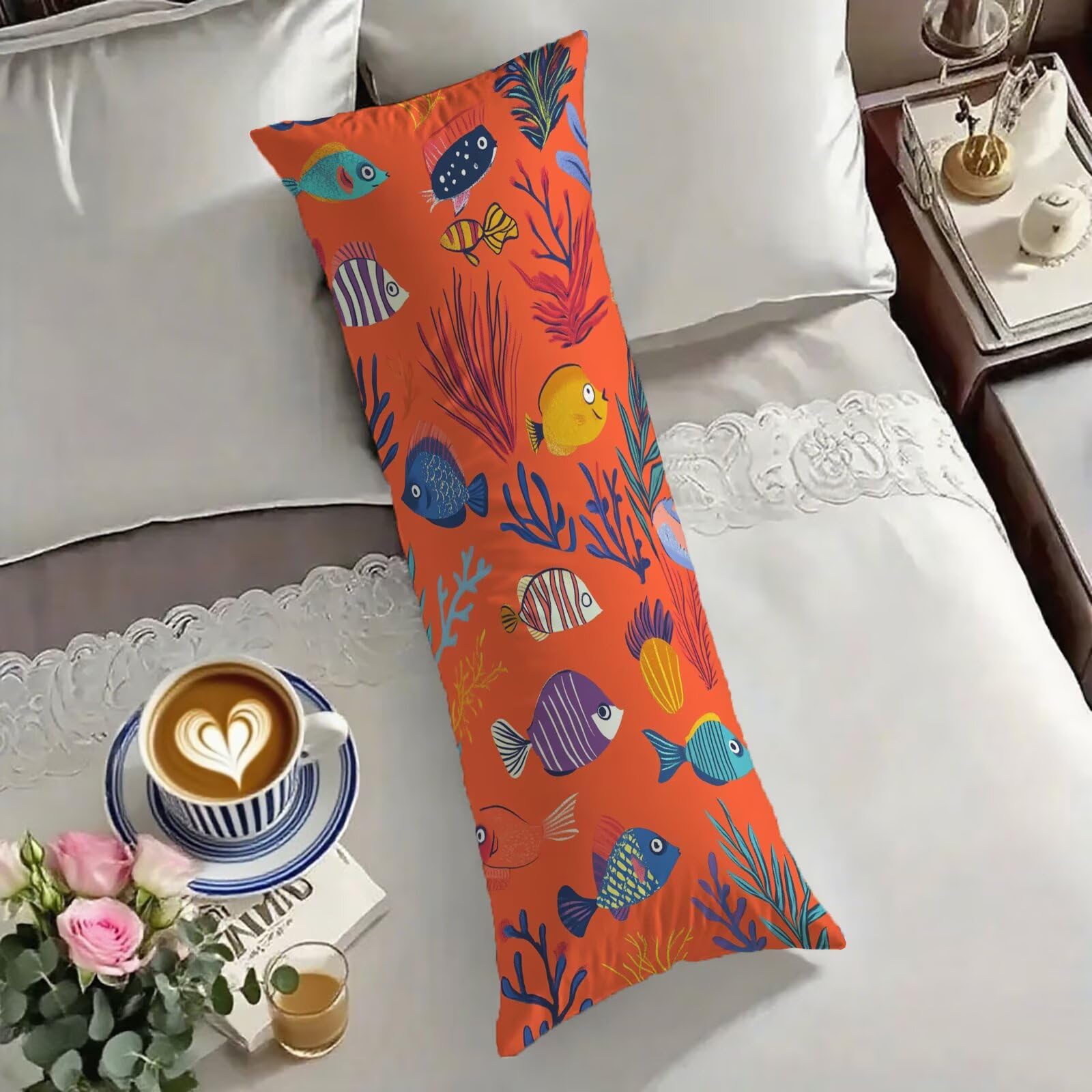 Taie traversin 180 cm motif poisson en velours orange brûlé O-1588