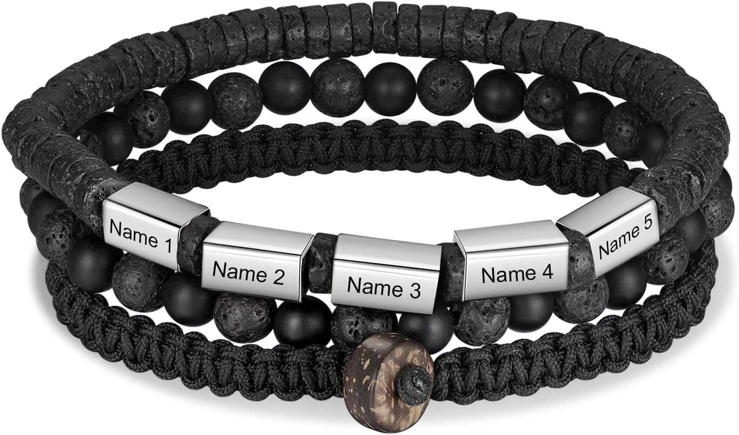 ROSI Personalized Mens Bead Leather Bracelet with Names Customized Layered Braid Leather Bracelet Custom ID Engraved Names Bracelet Personalized Gifts for Men