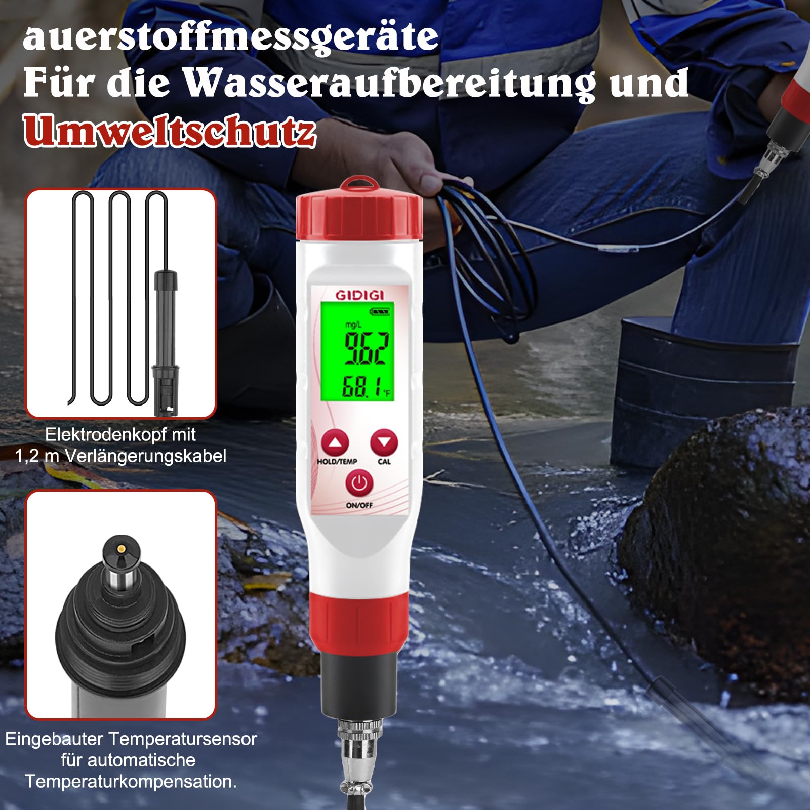 Sauerstoffmessgerät DO-Messgerät mit austauschbarer Membrankappe 0,0–40,0 mg/l für Teich Aquarium Abwasser