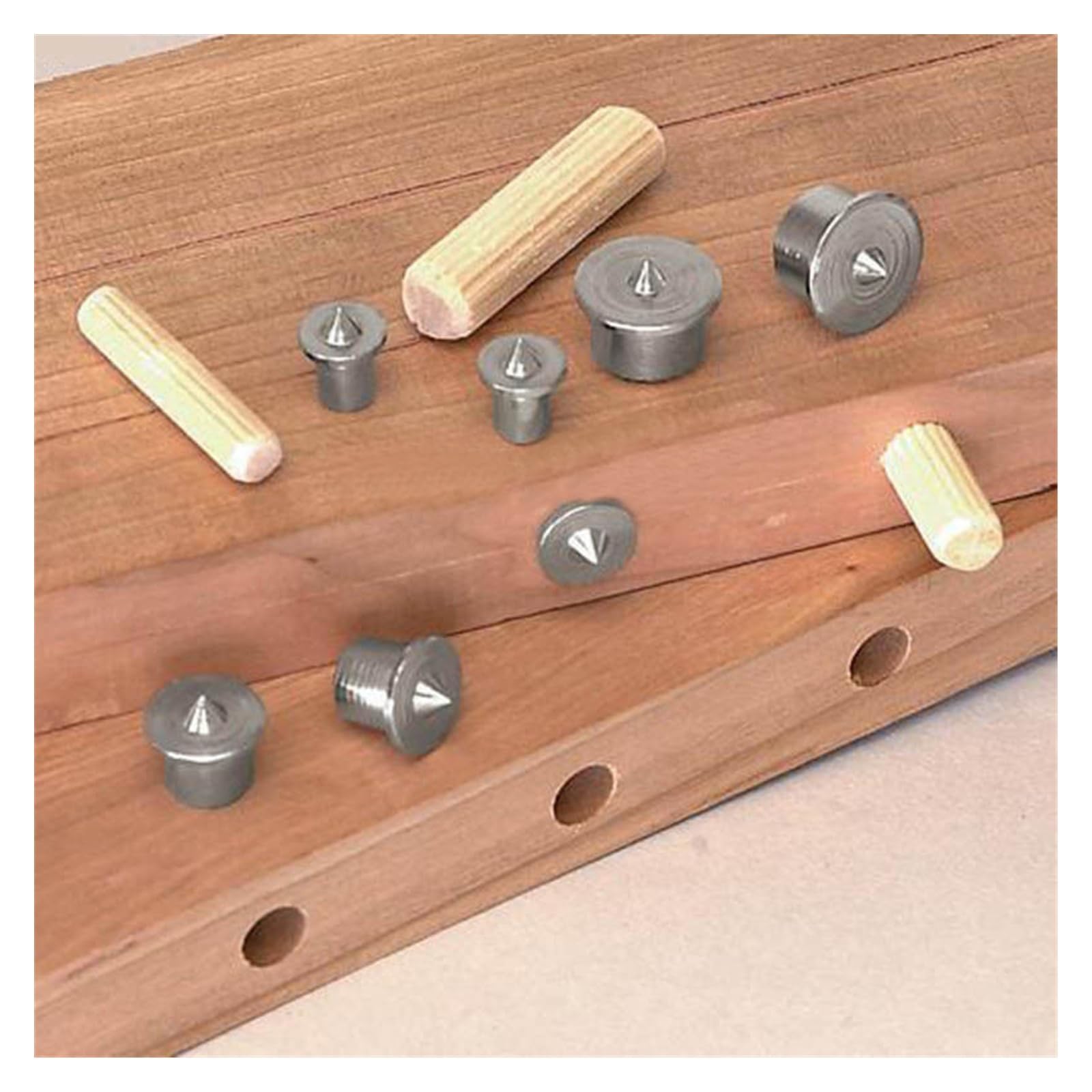 Roestvrijstalen pluggenonderzetter, 6 stuks houten deuvels centreerpunten, 4? 12 mm pluggenmarkers, pluggenstift voor houtbewerking, uitlijningsgereedschap voor houtbewerking, boorgereedschap