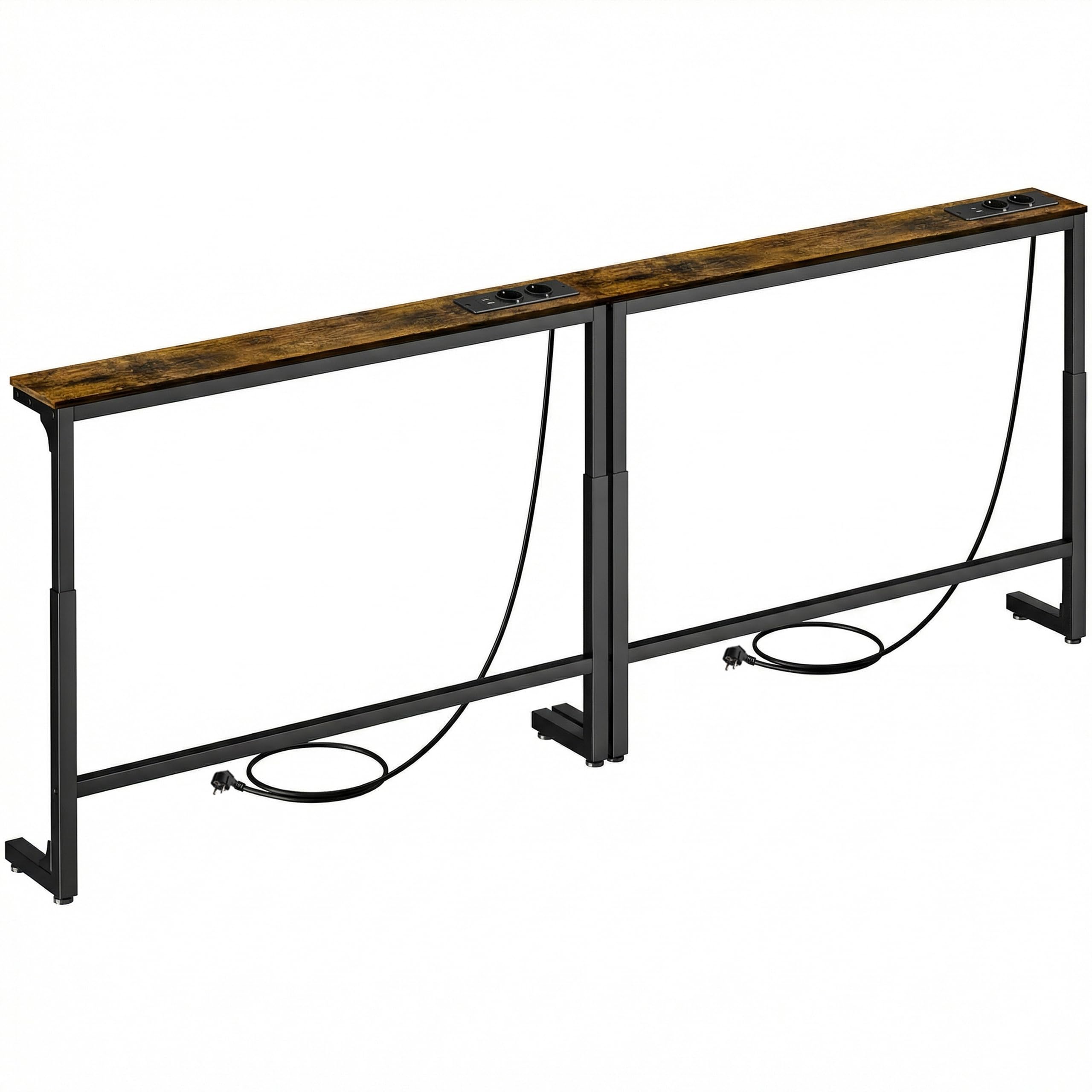 2er Set Konsolentisch schmal mit Steckdose, 8-stufig Höhenverstellbar Sofa Tisch (100x15cm), Schmaler Konsolentisch hinter dem Sofa, Console Table mit USB & Type-C, Couch Regal für Wohnzimmer