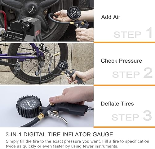 Miniatura 3 de AstroAI - Inflador de neumáticos con manómetro, portabrocas de aire de 100 PSI y accesorios de compresor, resistente, con gran esfera de brillo de