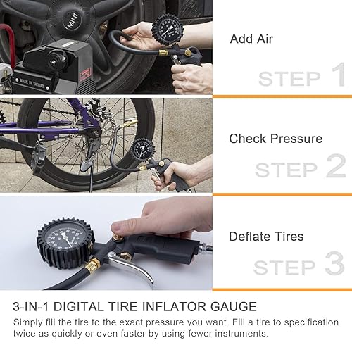 Miniatura 3 de AstroAI - Inflador de neumáticos con manómetro, portabrocas de aire de 100 PSI y accesorios de compresor, resistente, con gran esfera de brillo